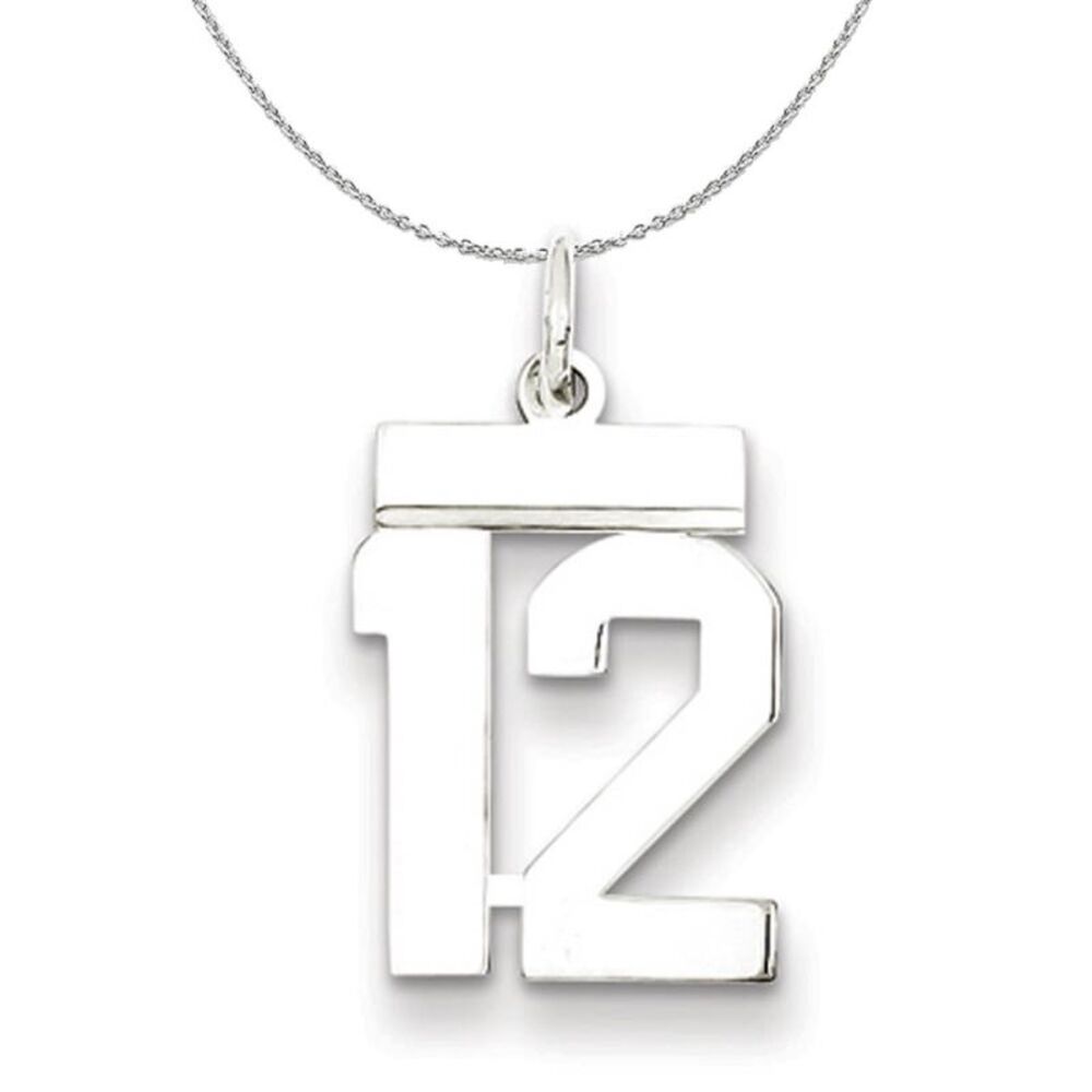 Silver, Athletic Collection, Small Polished Number 12 Necklace - 24 In